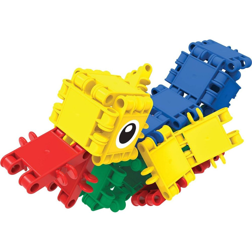 Ein buntes Konstruktionsspielzeugmonster aus gelben, blauen, grünen und roten Blöcken.