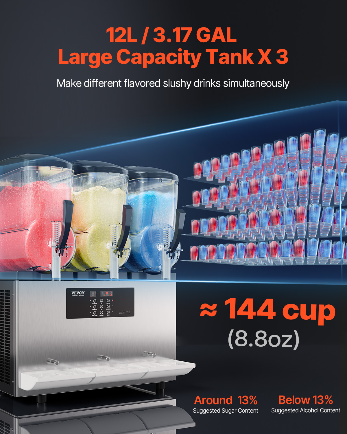 Máquina de granizado con 3 depósitos de granizado rojo, amarillo y azul. Capacidad para aprox. 144 tazas.
