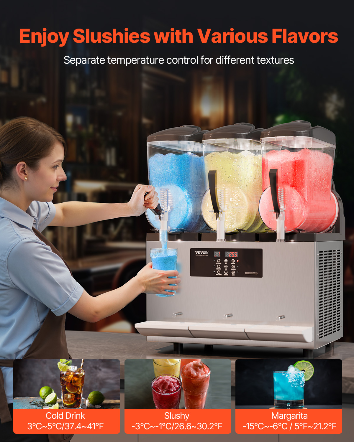 Mujer sirve slush azul de una máquina de tres depósitos.