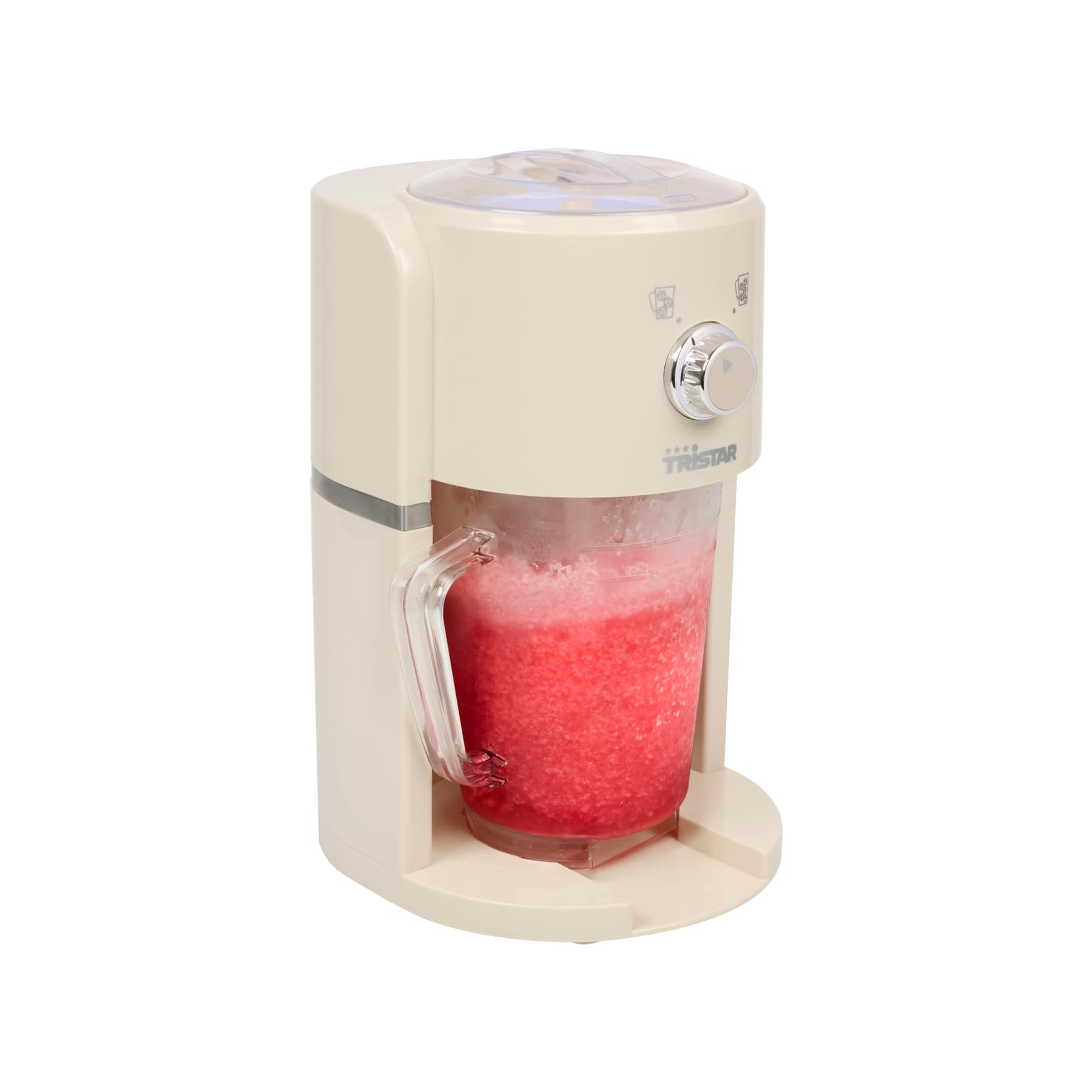 Una macchina per granite color crema con bevanda rossa ghiacciata nella caraffa.