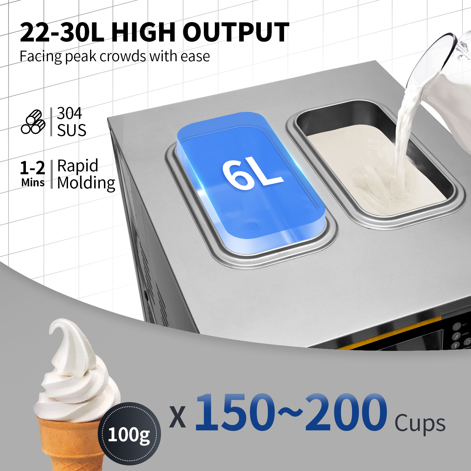 Máquina de helados con 2 tanques, vertiendo leche. Capacidad de 6L.