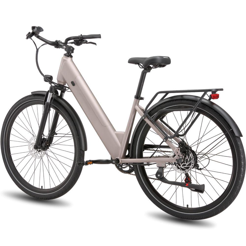 Una e-bike oro rosa con portaequipajes y frenos de disco sobre fondo blanco.