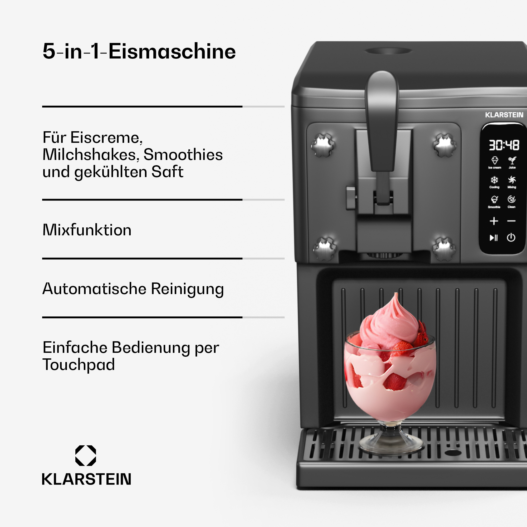 Klarstein 5-in-1 Eismaschine mit Eiscreme-Schale, Smoothie-Funktion und Touchpad.