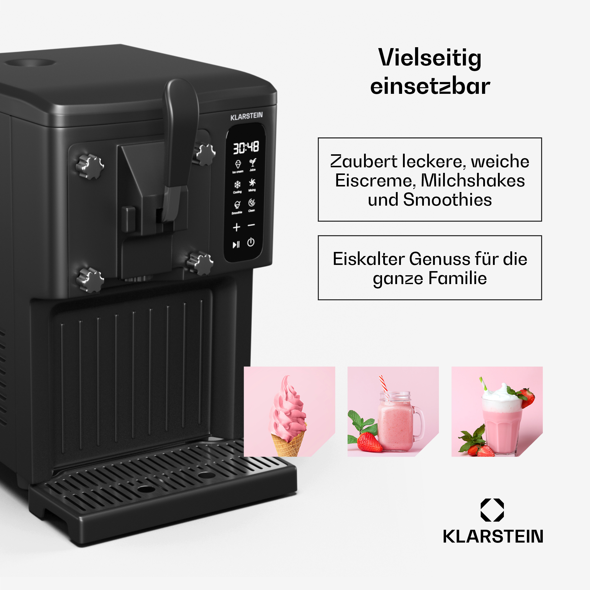 Schwarze Eismaschine mit Bedienfeld, Eis und Milchshakes.