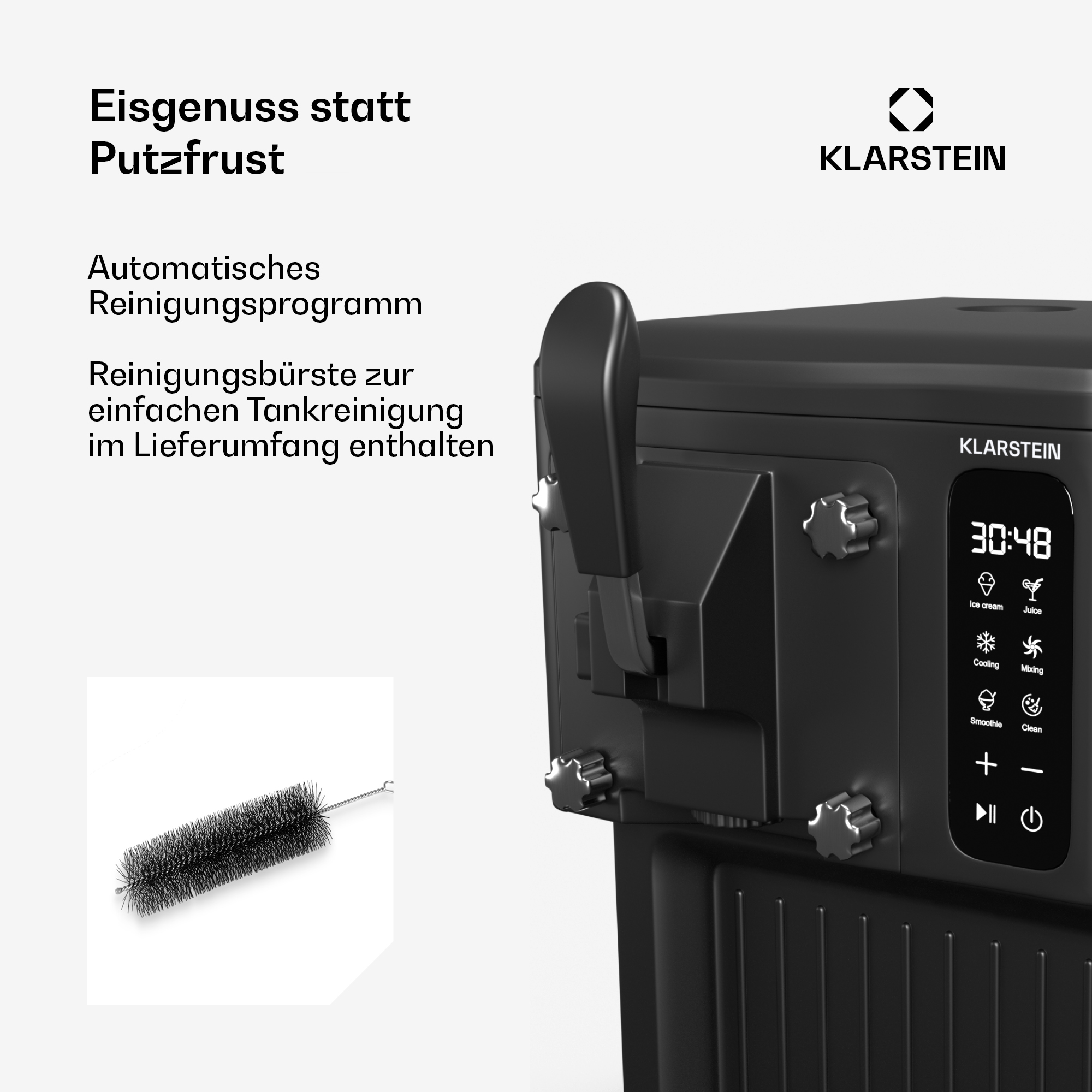 Schwarze Eismaschine mit Reinigungsbürste und digitaler Anzeige.