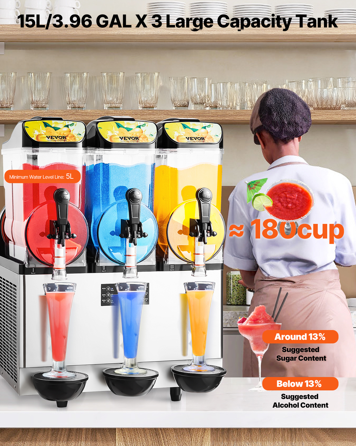 Una máquina de granizados de 3 tanques que dispensa bebidas rojas, azules y amarillas.