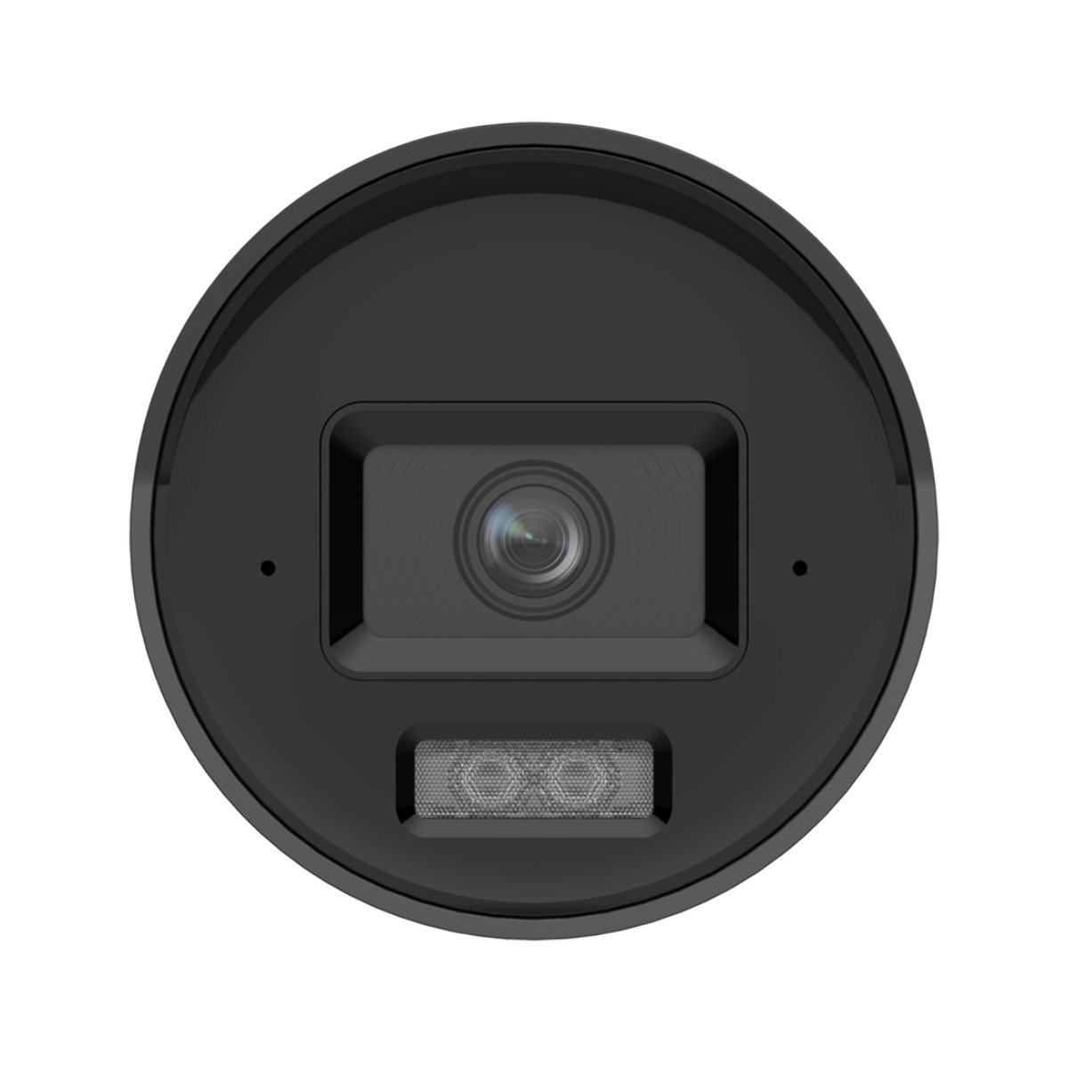Una telecamera di sicurezza nera con lente e griglia in basso.