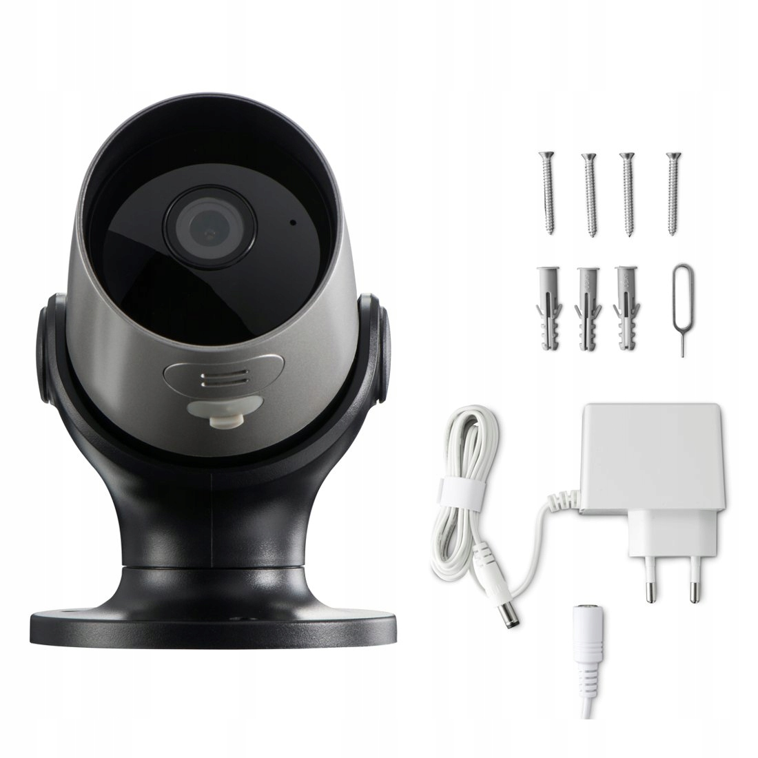 Telecamera di sicurezza con accessori: alimentatore, cavo, viti e tasselli.