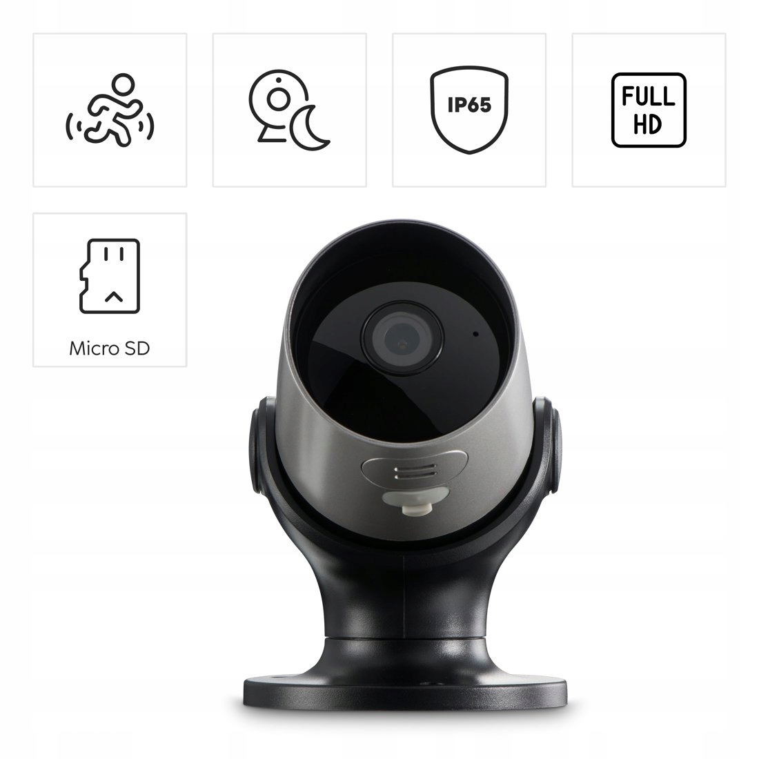 Una telecamera di sicurezza grigia con base nera, con icone per movimento, visione notturna, IP65, Full HD e Micro SD.