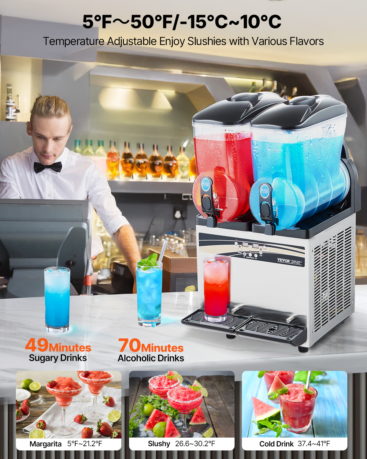 Un camarero está detrás de una máquina de granizados con bebidas rojas y azules.