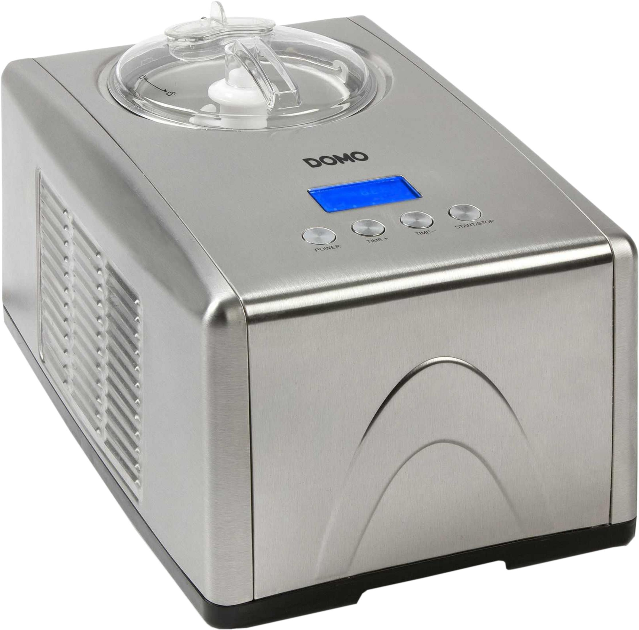 Machine à glace argentée avec couvercle transparent et écran bleu.
