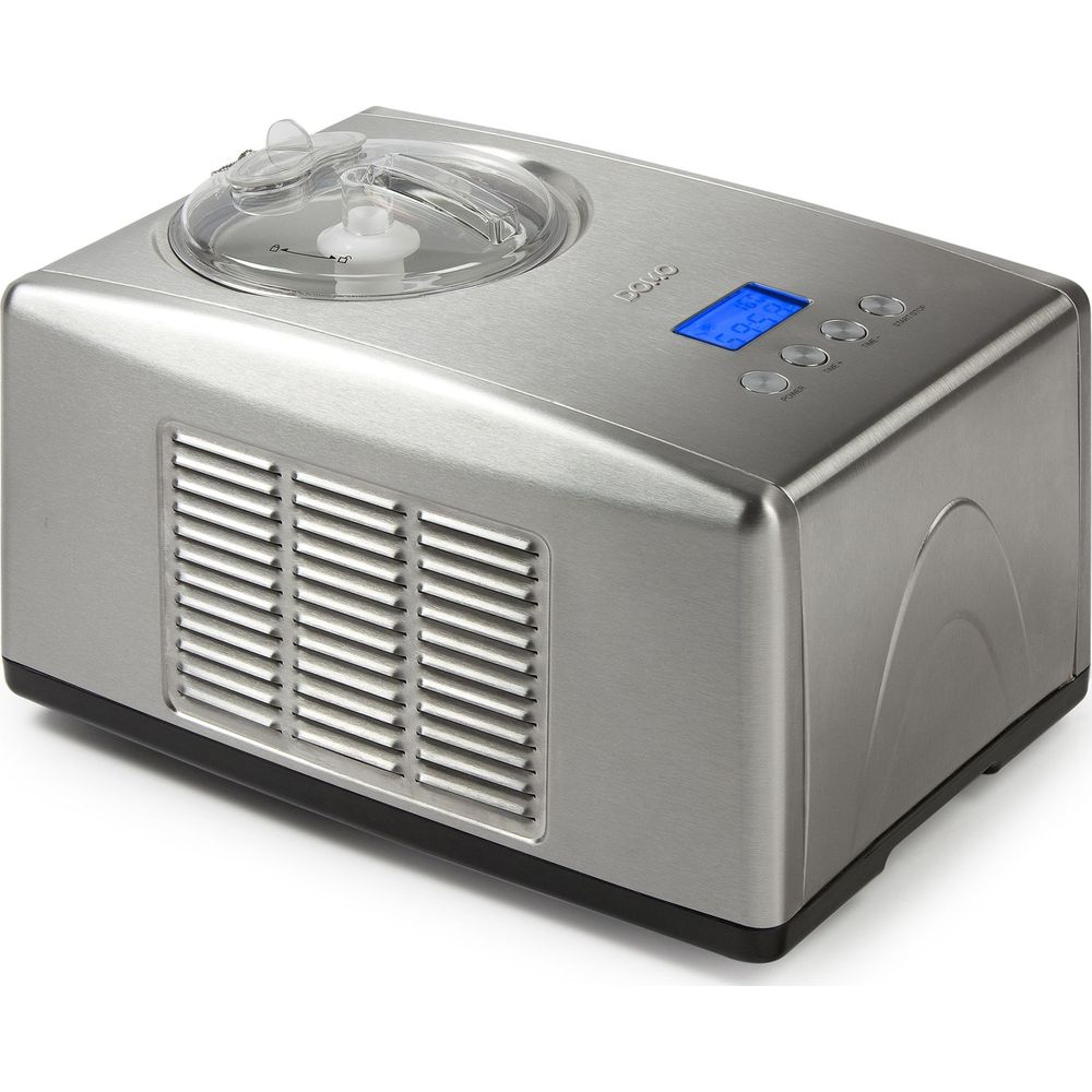 Machine à glace argentée avec écran numérique et boutons de commande.