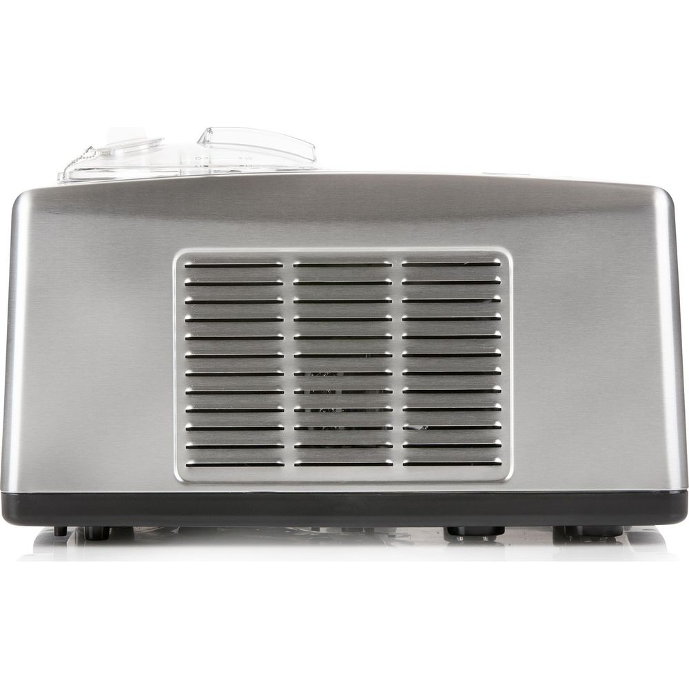 Sorbetière argentée avec fentes de ventilation et couvercle transparent.