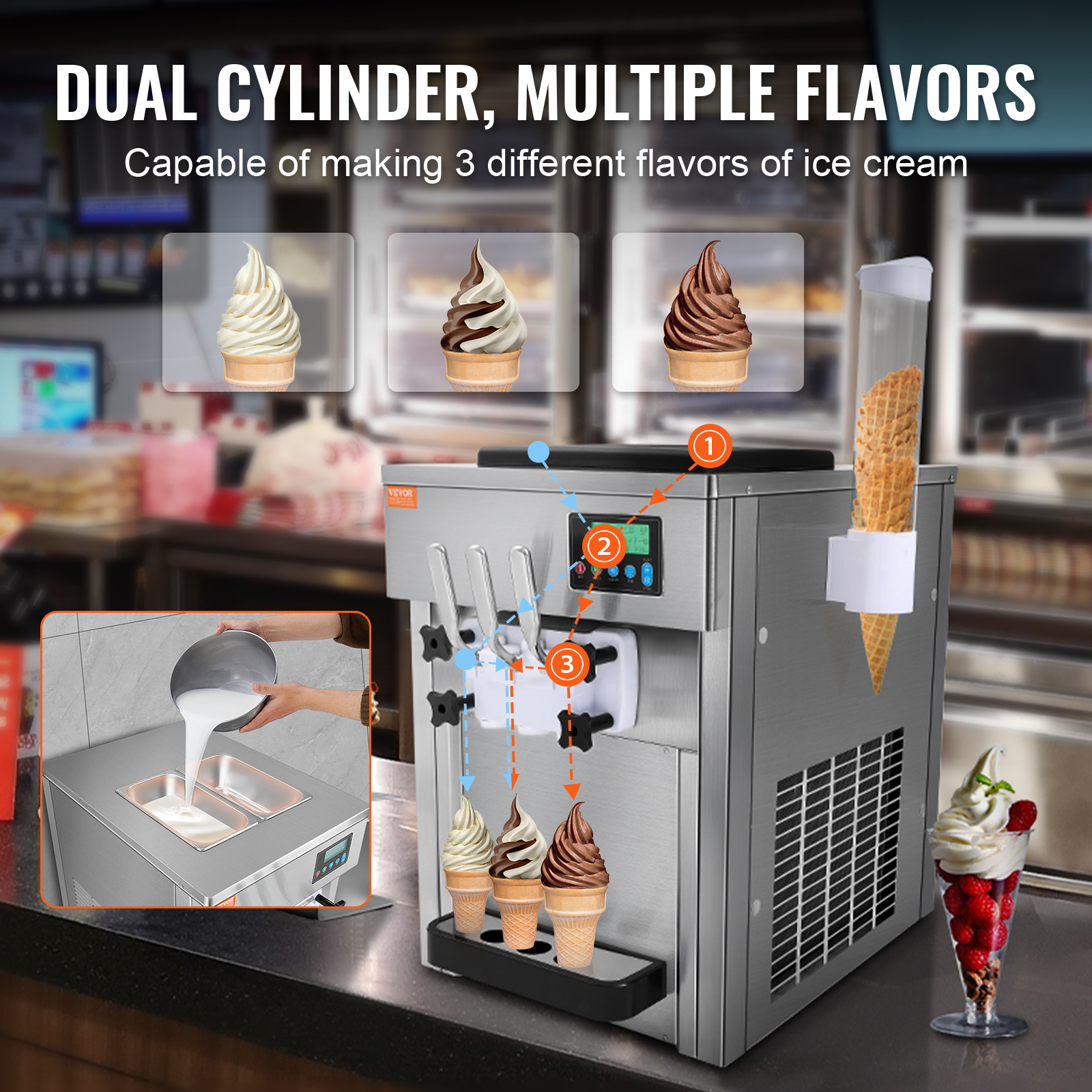 Máquina de helados con 3 sabores, dispensador de conos e ingredientes.
