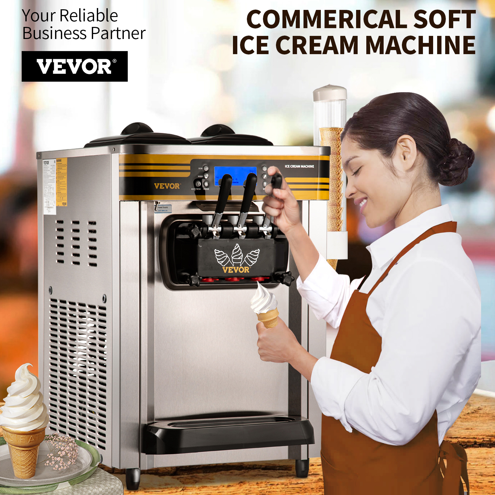 Una mujer opera una máquina comercial de helado suave, haciendo un cono.