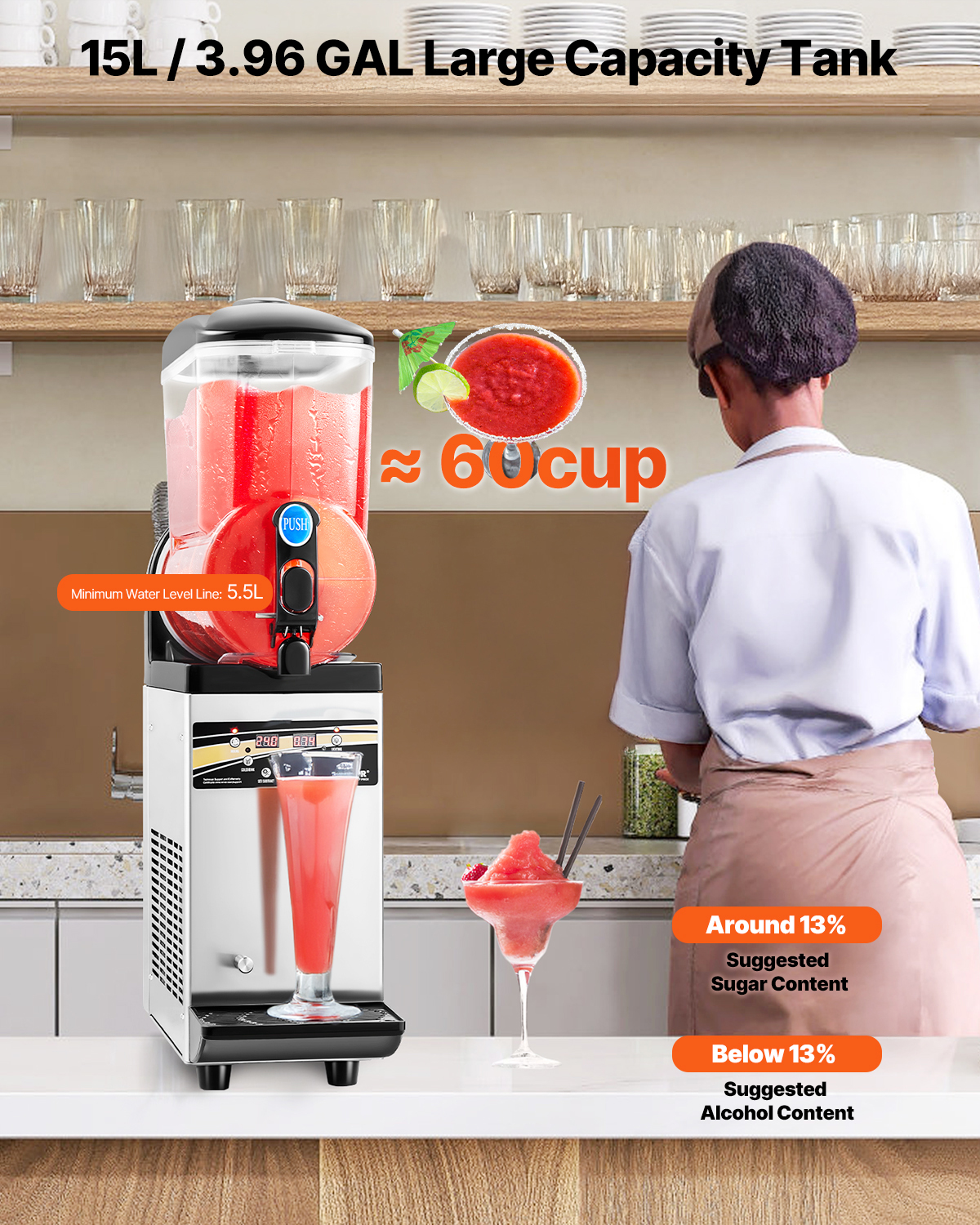 Máquina de granizados con bebida roja, vasos y personal al fondo.