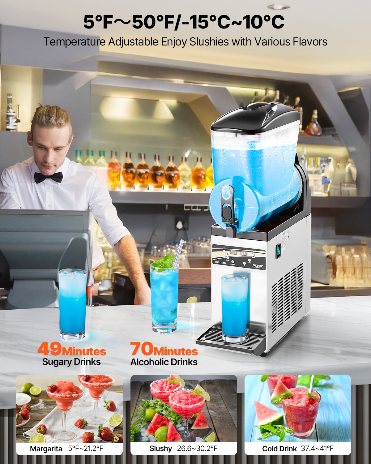 Un camarero detrás de una máquina de granizados con hielo azul. Abajo se ven bebidas.