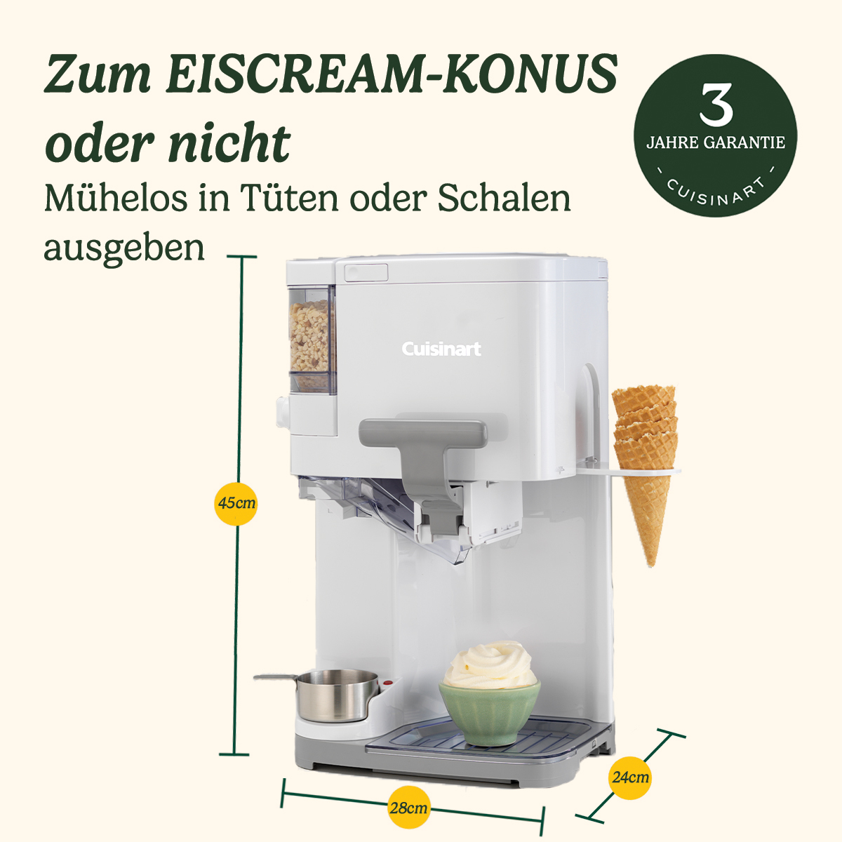 Weißer Cuisinart Eismaschine mit Eiswaffeln, Schale Eis und Maßen.