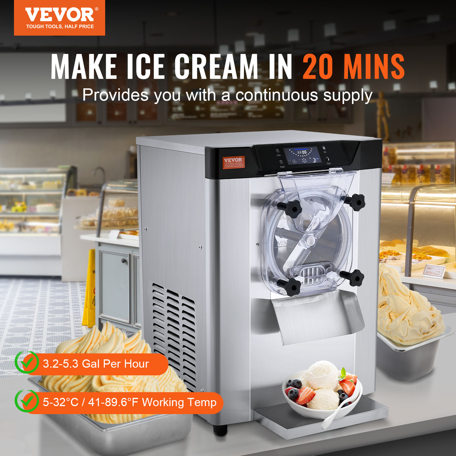 Máquina de helados de acero inoxidable con pantalla digital y recipientes de helado.