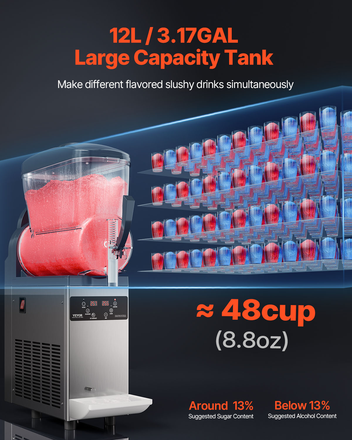 Una gran máquina de granizados de 12L con un tanque y muchas tazas rojas y azules.
