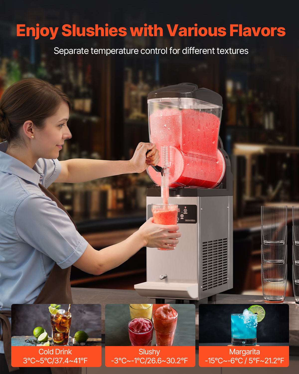 Una mujer sirve un granizado rojo de una máquina. Debajo se muestran tres bebidas.