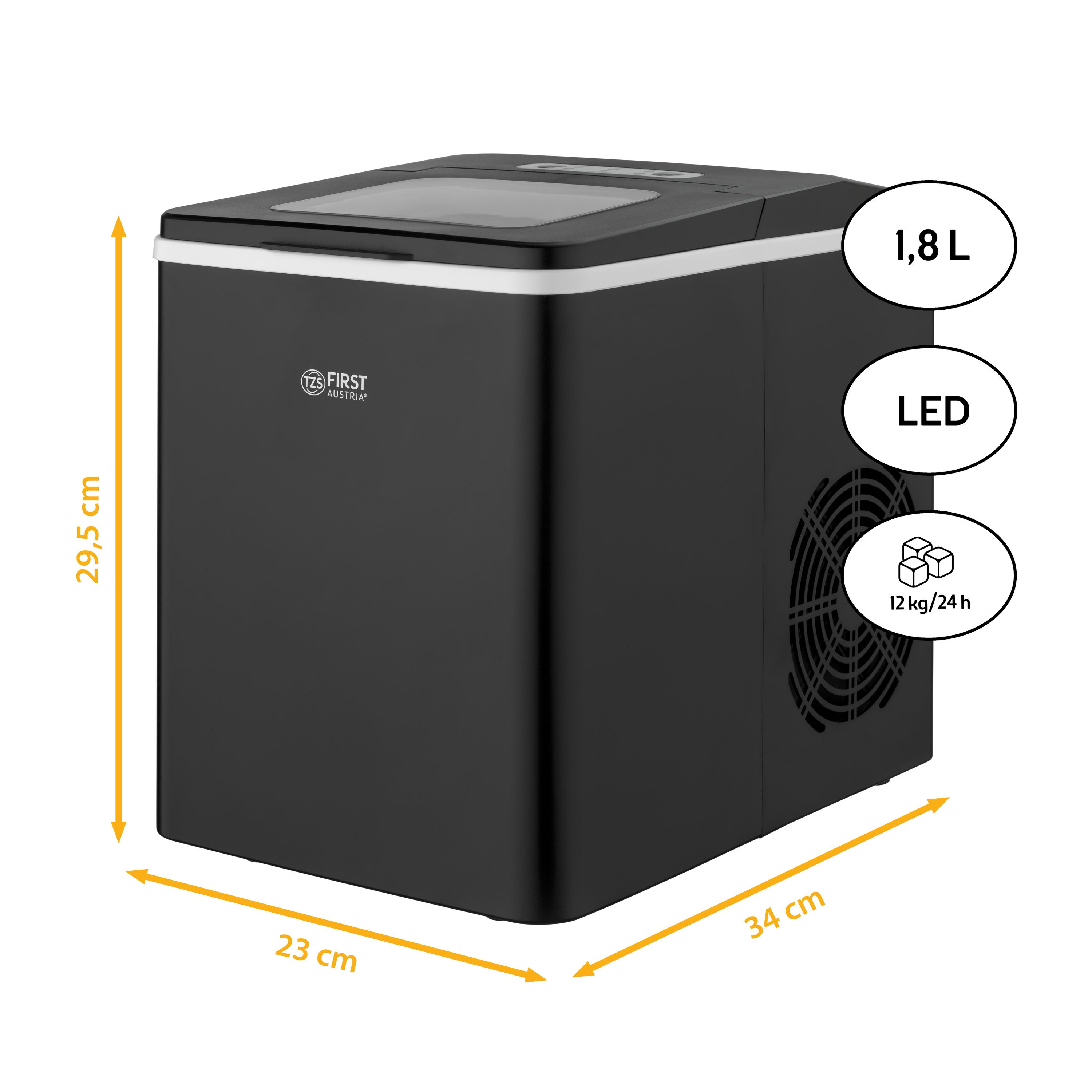 Macchina per il ghiaccio nera, capacità 1,8L, display LED, 12kg/24h.