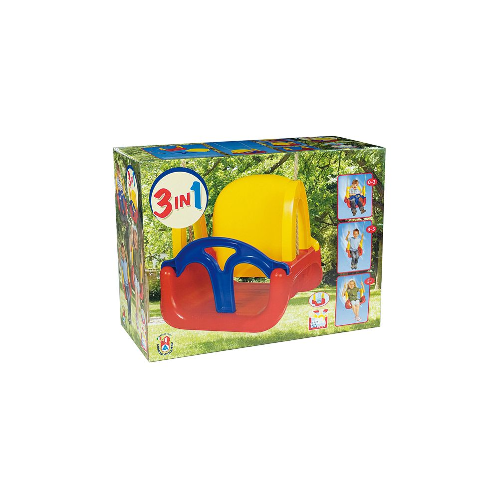 Verpackung eines 3-in-1-Schaukelsets mit roten, blauen und gelben Teilen.