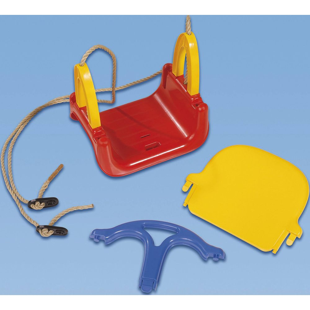 Rote Schaukel mit gelben Griffen, blauem Steuerrad und gelbem Schild.