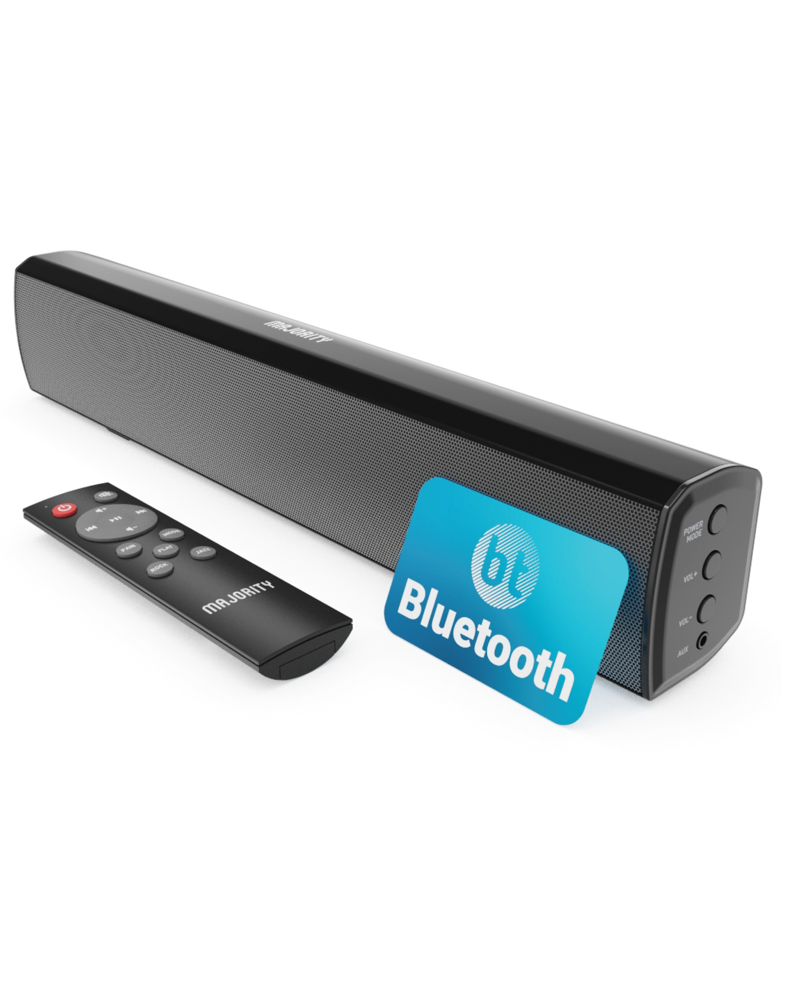 Schwarzer Lautsprecher mit Fernbedienung und Bluetooth-Aufkleber.