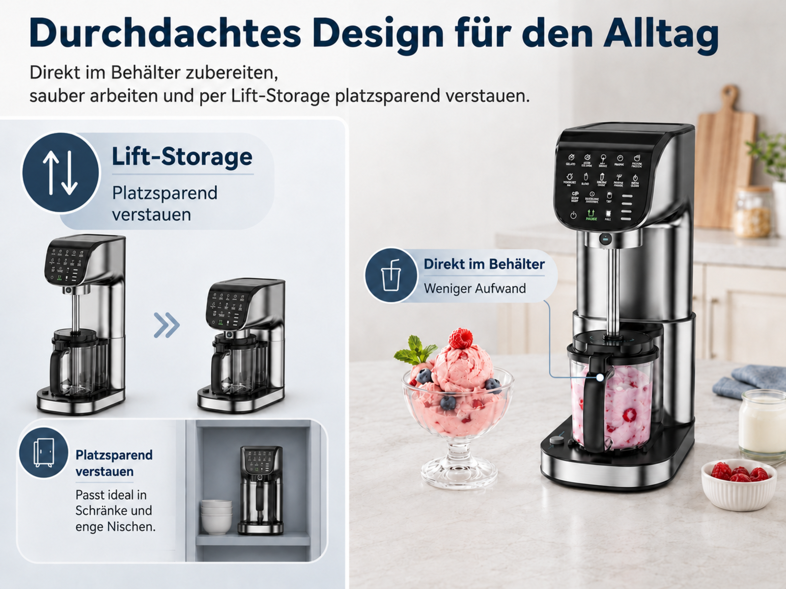 Ein Küchengerät mit Eiscreme, Beeren und Milch auf einem Tisch.