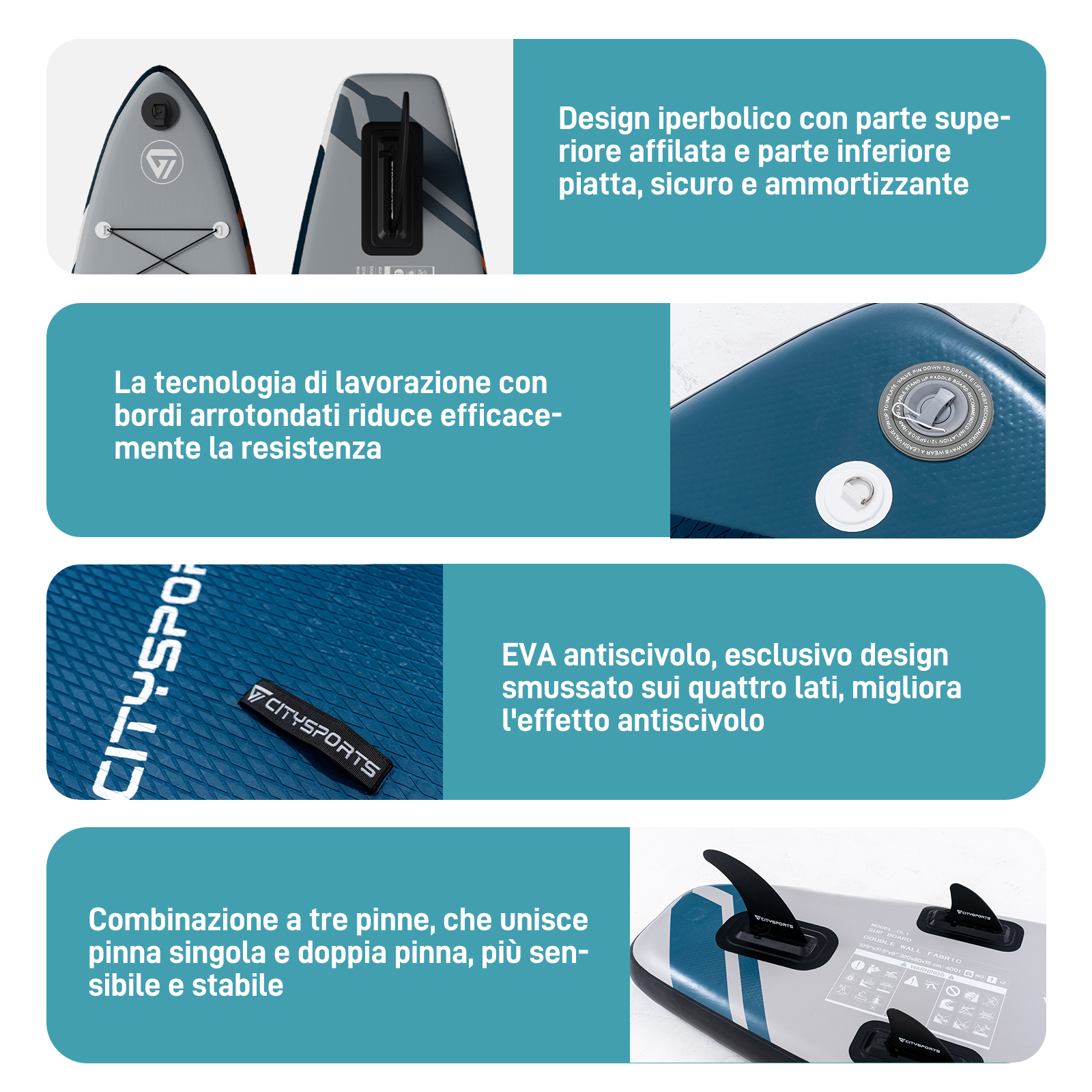 Tavola paddle board con design iperbolico, deck in EVA e tre pinne.