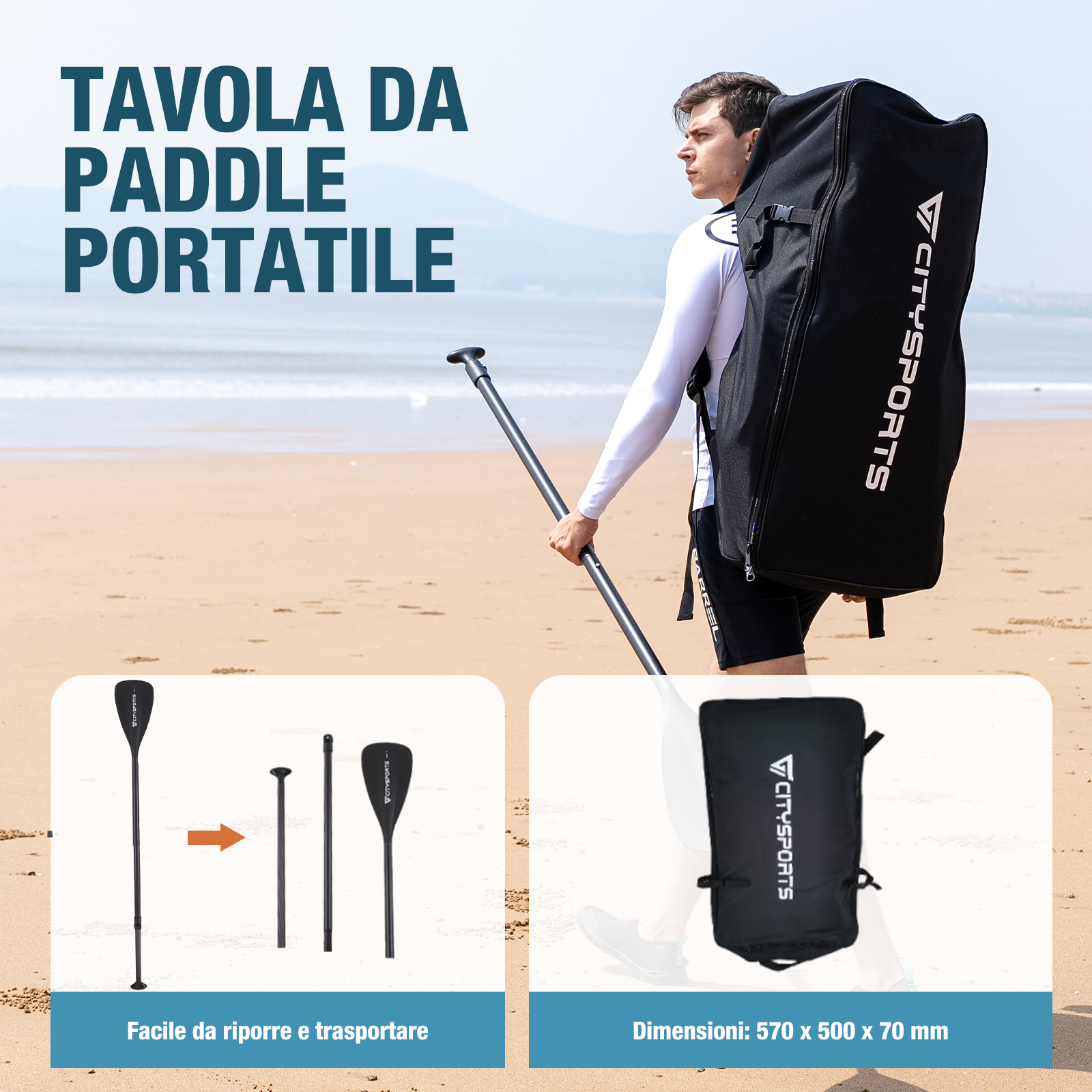 Uomo con zaino nero grande e pagaia sulla spiaggia.