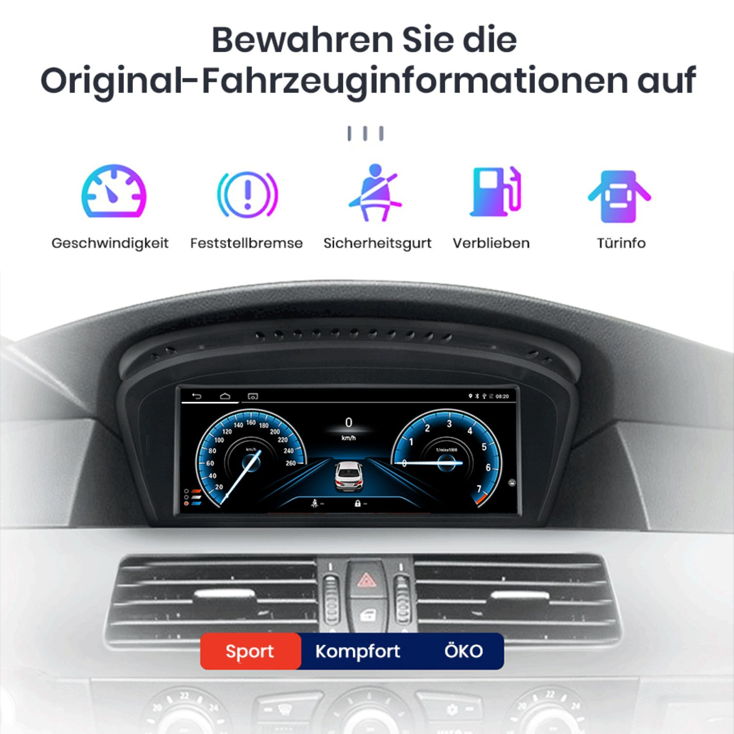 Armaturenbrett mit digitaler Geschwindigkeitsanzeige, Warnsymbolen und Fahrmodi.