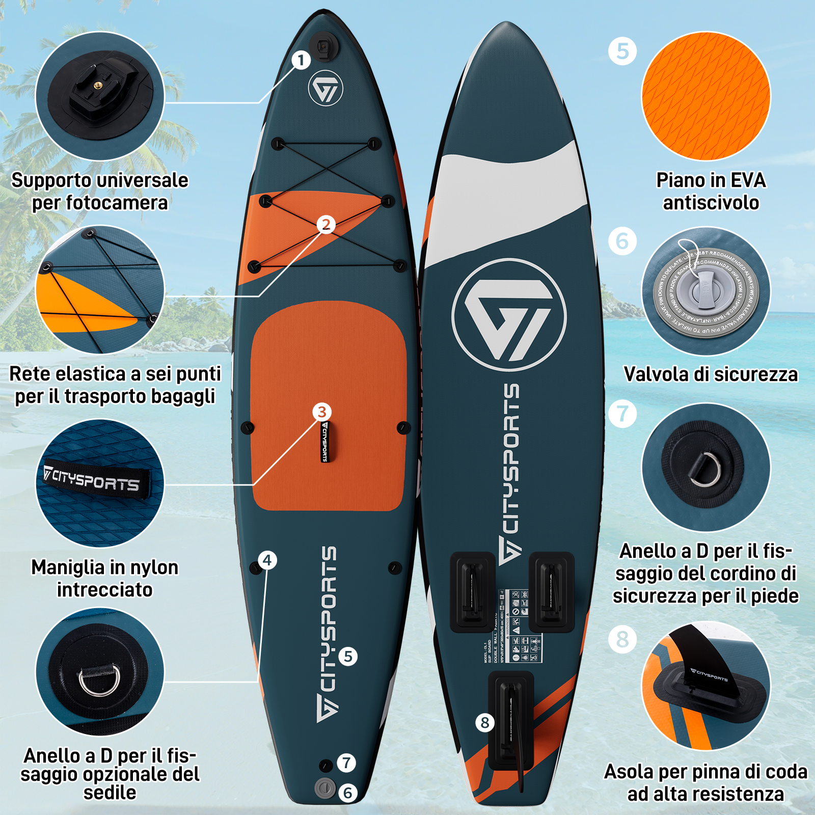 Tavola SUP gonfiabile con accessori: rete, maniglie, anelli D, valvola, pad EVA, pinna.