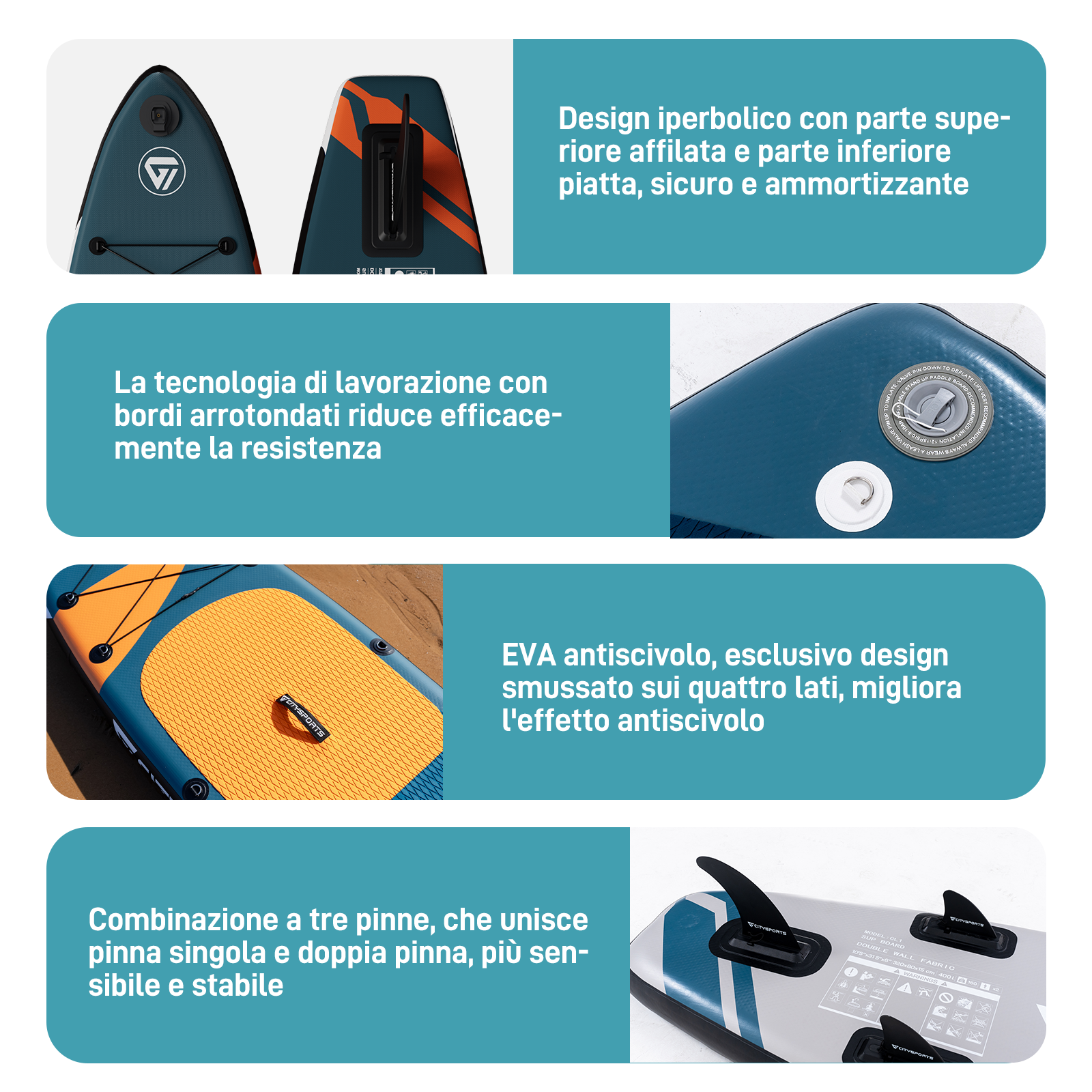 Tavola da paddle gonfiabile con due design: punta anteriore, retro piatto e grip EVA.