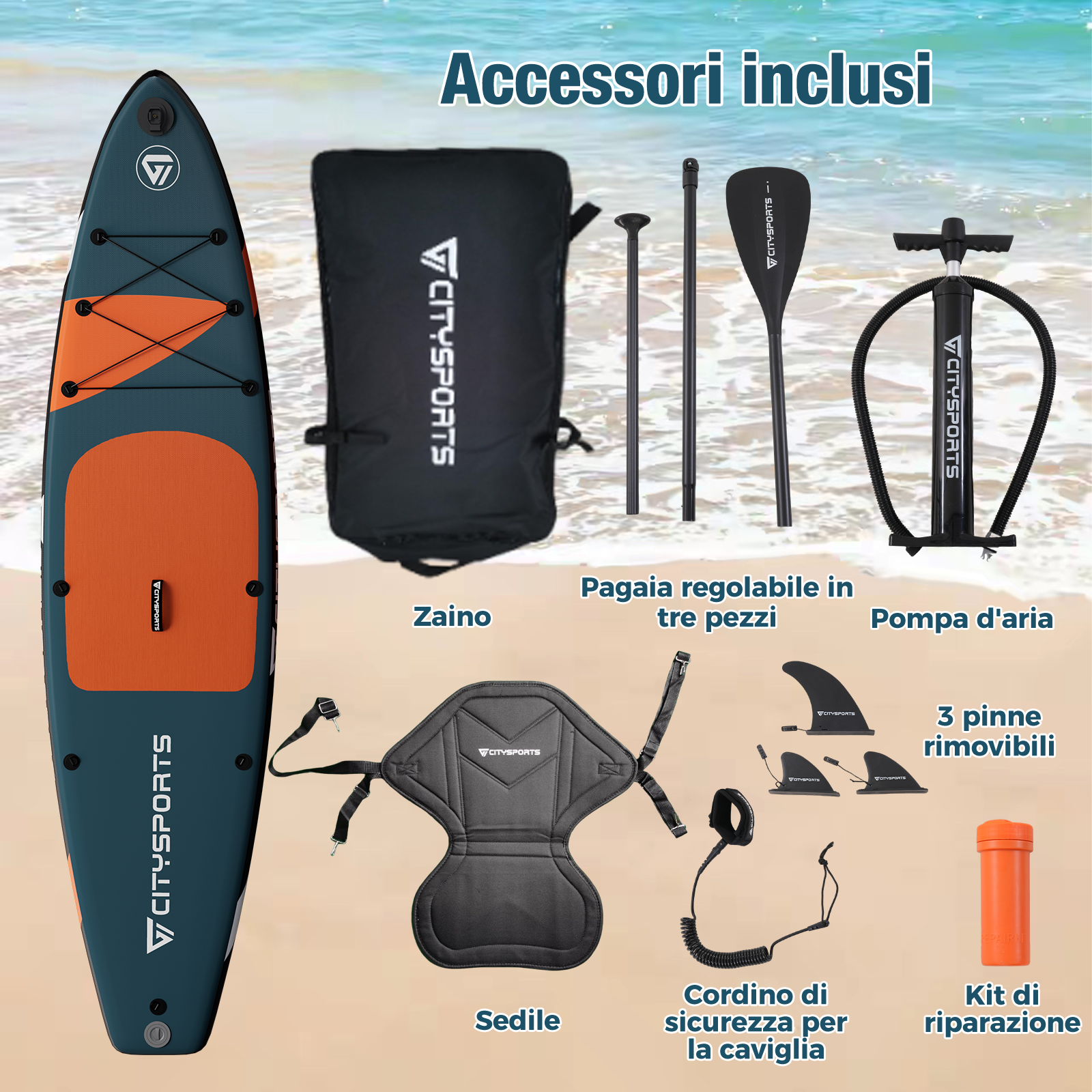 Tavola da paddle con accessori: zaino, pagaie, pompa, sedile, cordino, pinne, kit riparazione.