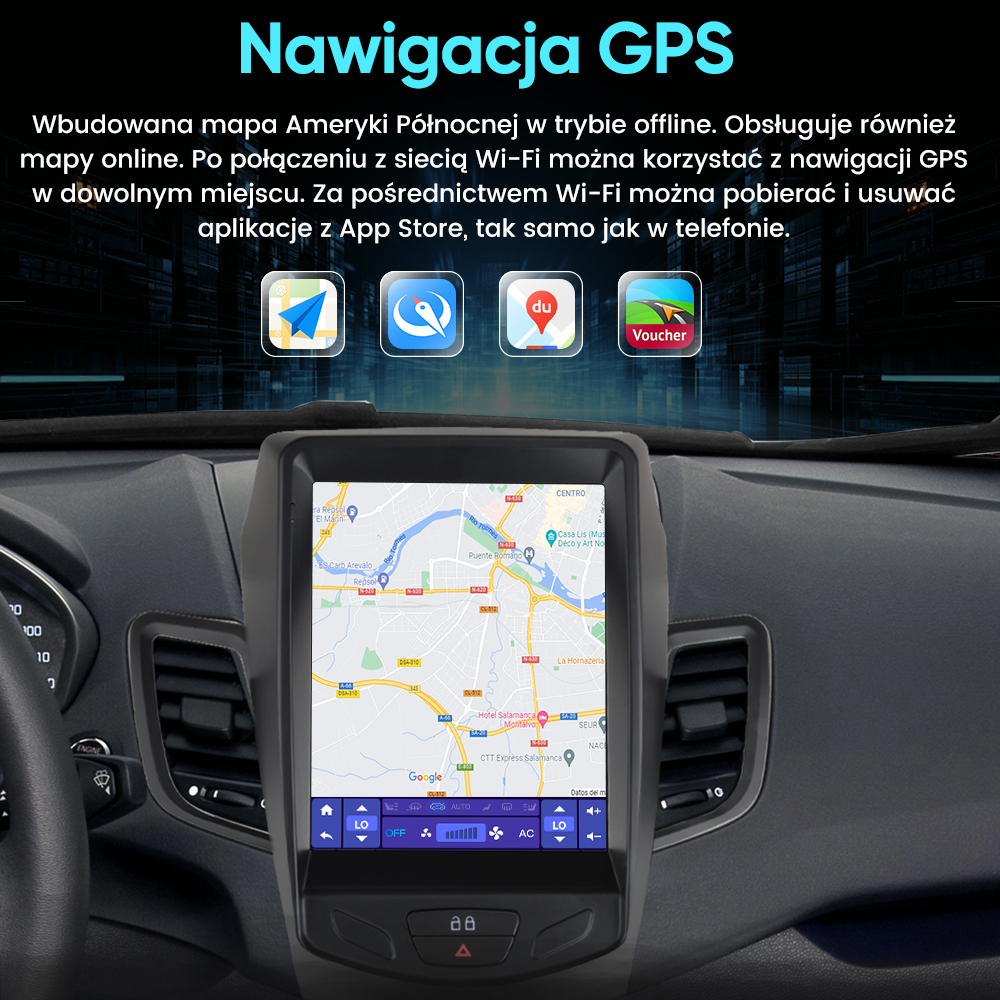 System nawigacji GPS pokazujący mapę Ameryki Północnej na ekranie dotykowym samochodu.