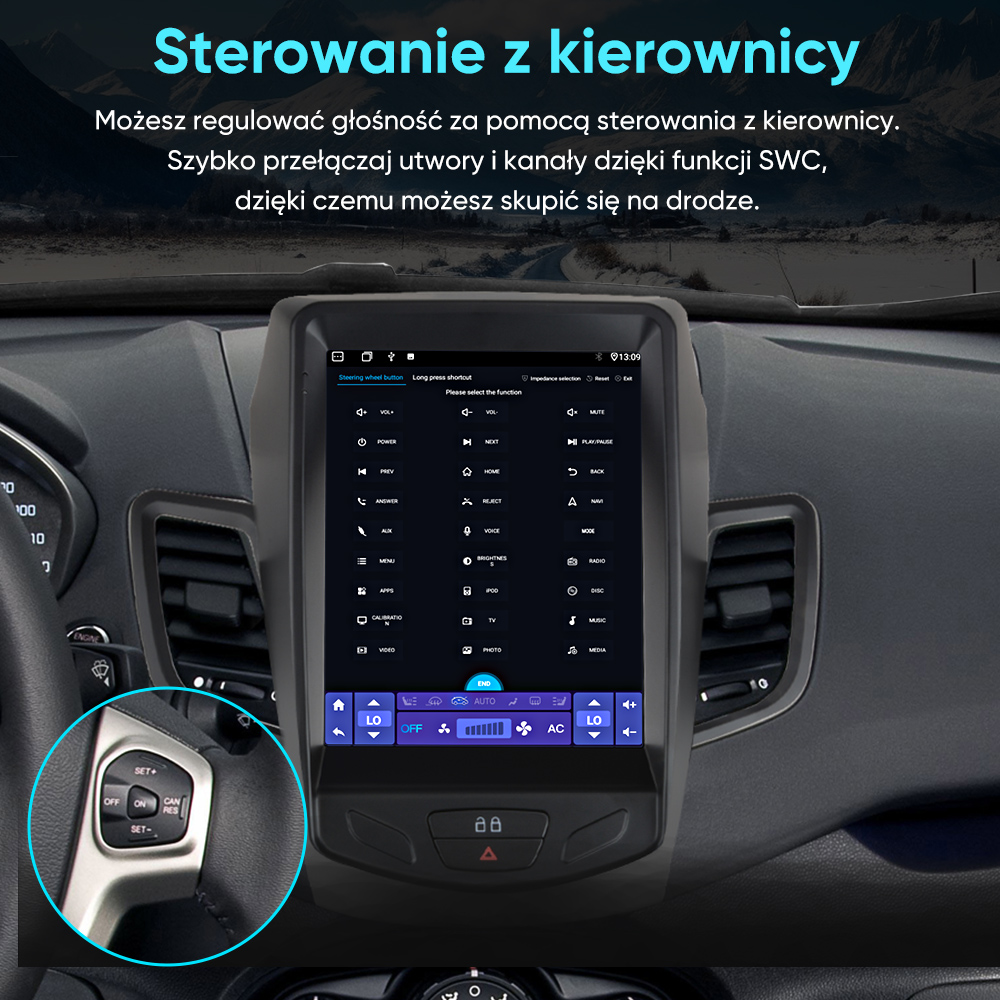 Ekran radia samochodowego z przyciskami na kierownicy i opcjami menu.