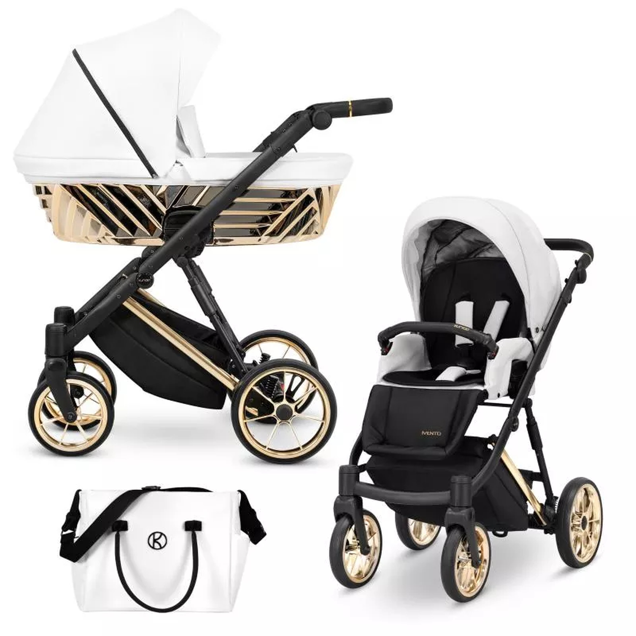 Ein weißer Kinderwagen mit goldener Verzierungen, daneben ein passender Kinderwagen und eine weiße Tasche.