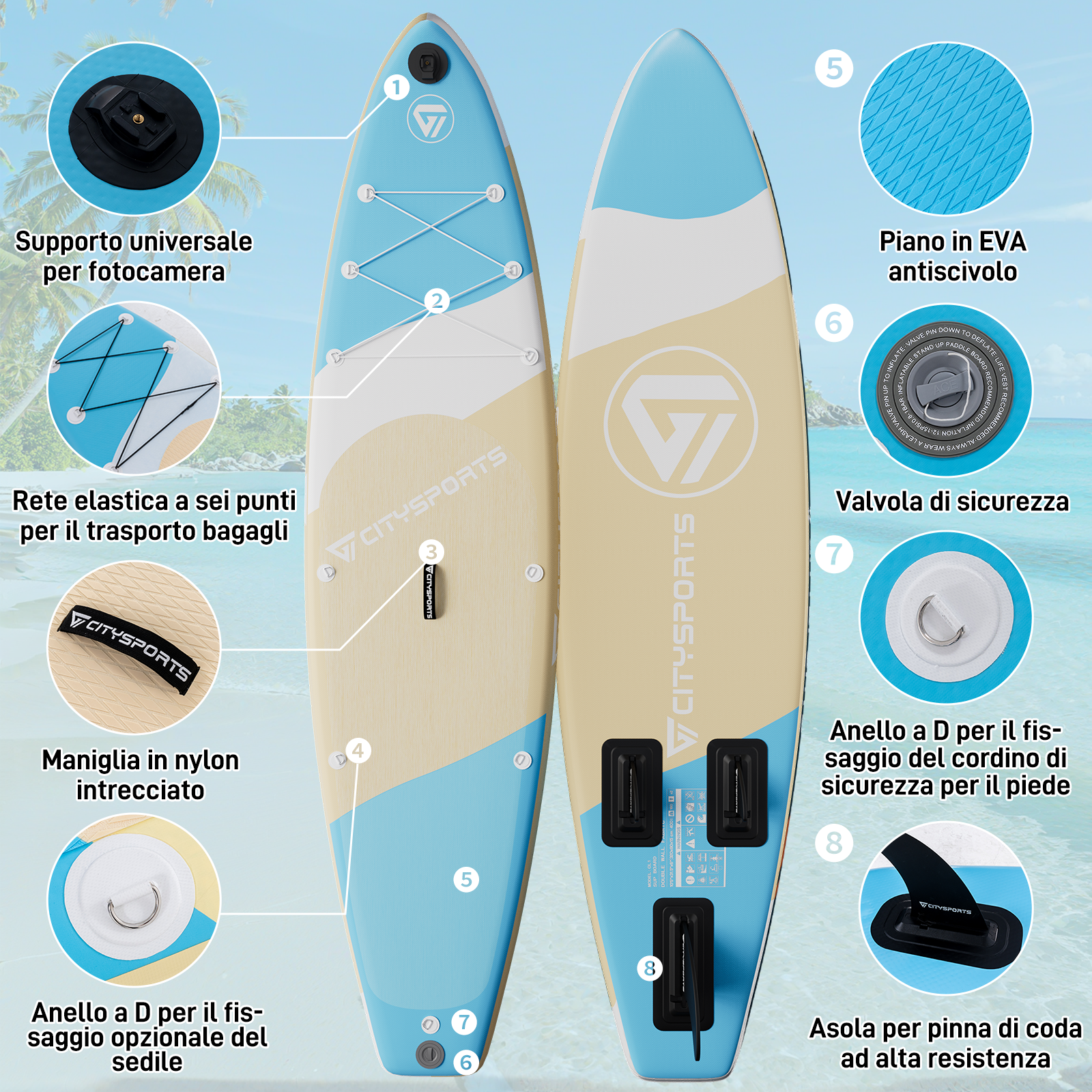 Tavola da paddle surf blu e beige con anelli a D, valvola di sicurezza, pad in EVA e pinna.