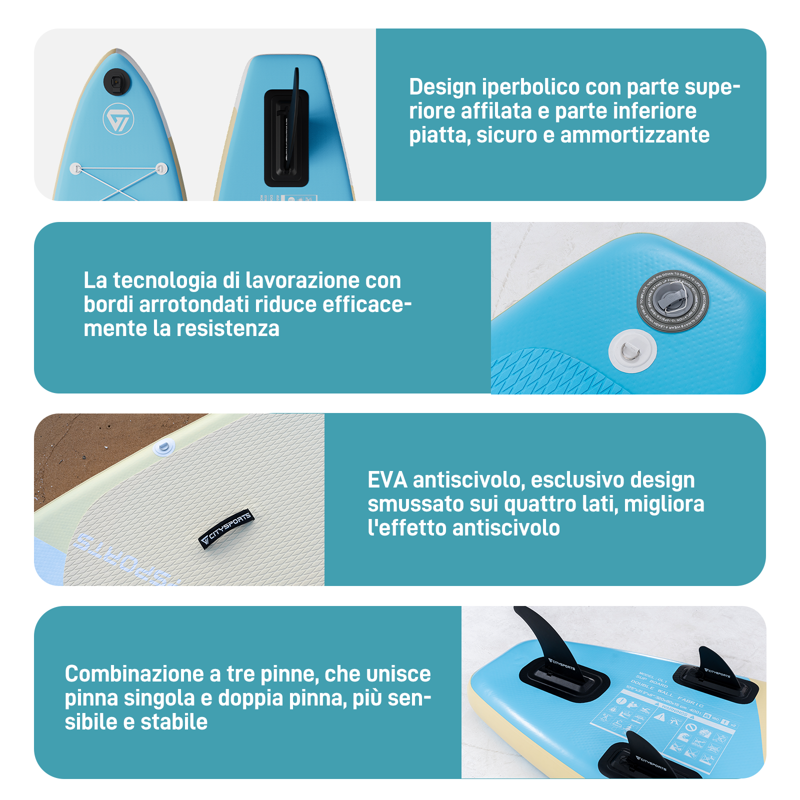 Una tavola da paddle gonfiabile con design aerodinamico e superficie EVA.