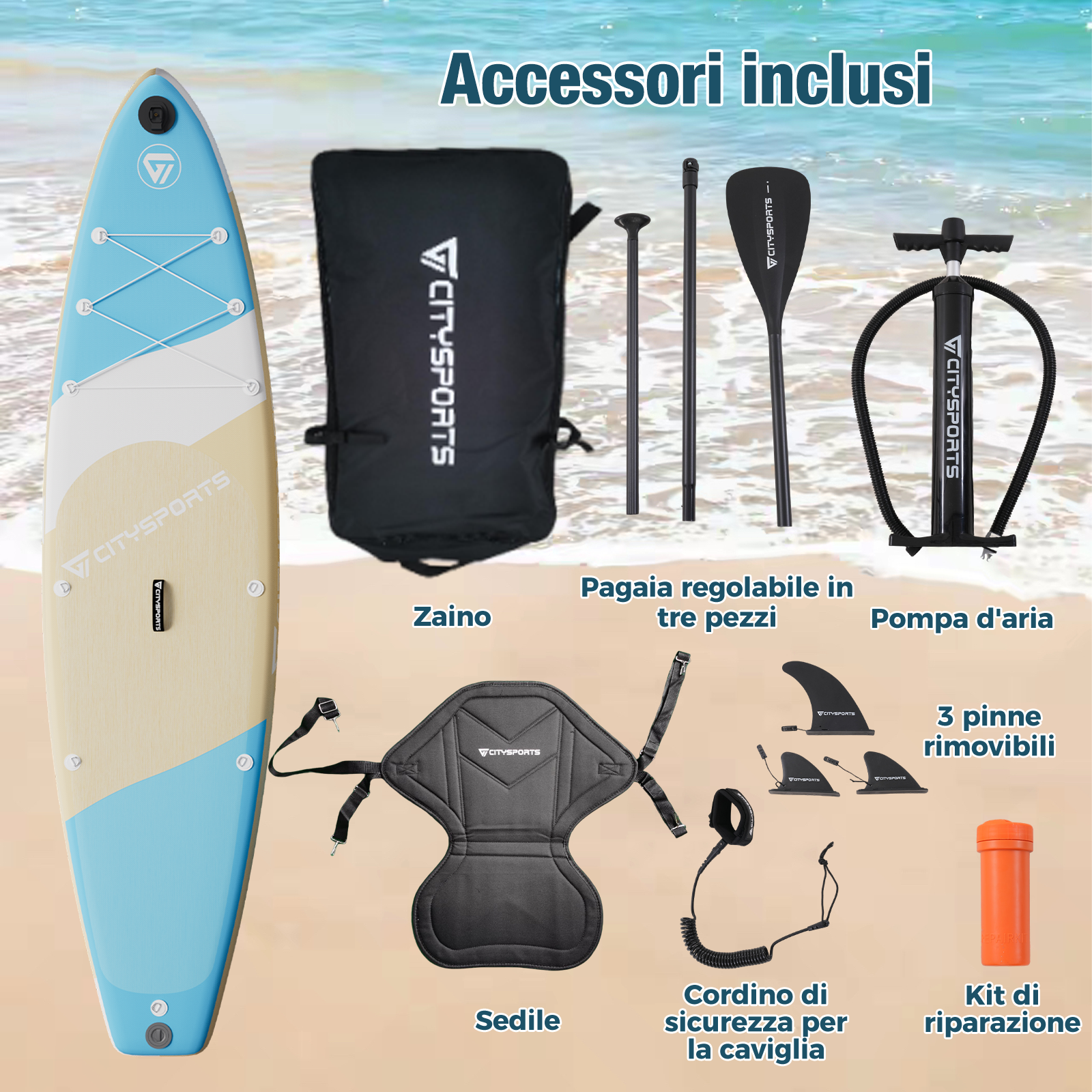 Accessori SUP: tavola, zaino, pagaia, pompa, sedile, cavigliera, pinne, kit riparazione.