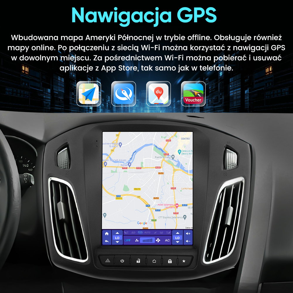 Deska rozdzielcza samochodu wyświetlająca ekran nawigacji GPS z mapą Salamanki w Hiszpanii.