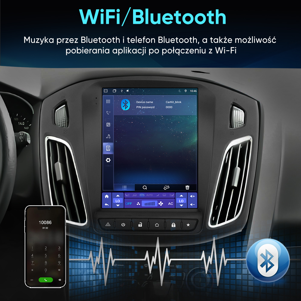 Ekran multimedialny samochodu pokazuje opcje WiFi/Bluetooth. Po lewej widoczny jest telefon.
