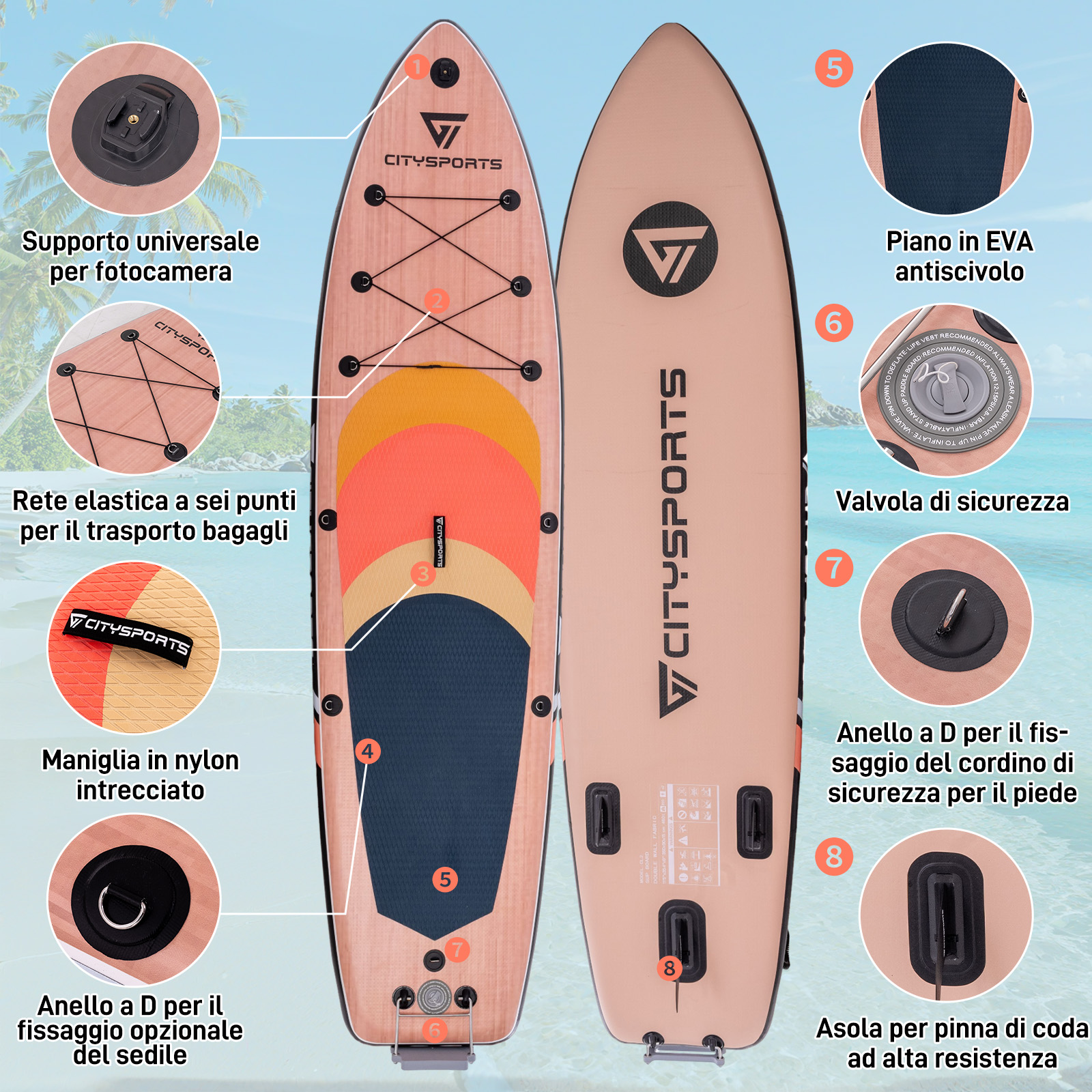 Tavola gonfiabile da paddle con caratteristiche come anelli a D, corde elastiche e maniglia.