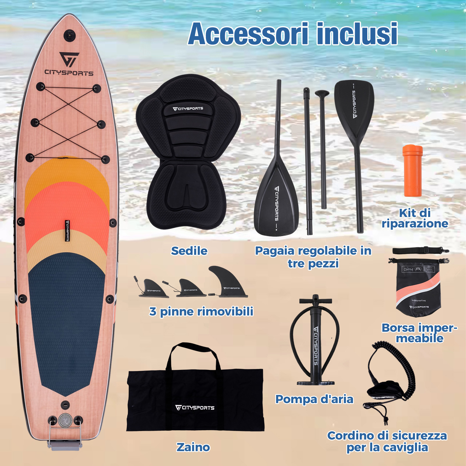 Tavola gonfiabile con accessori: sedile, pagaia, pinne, pompa, borsa.