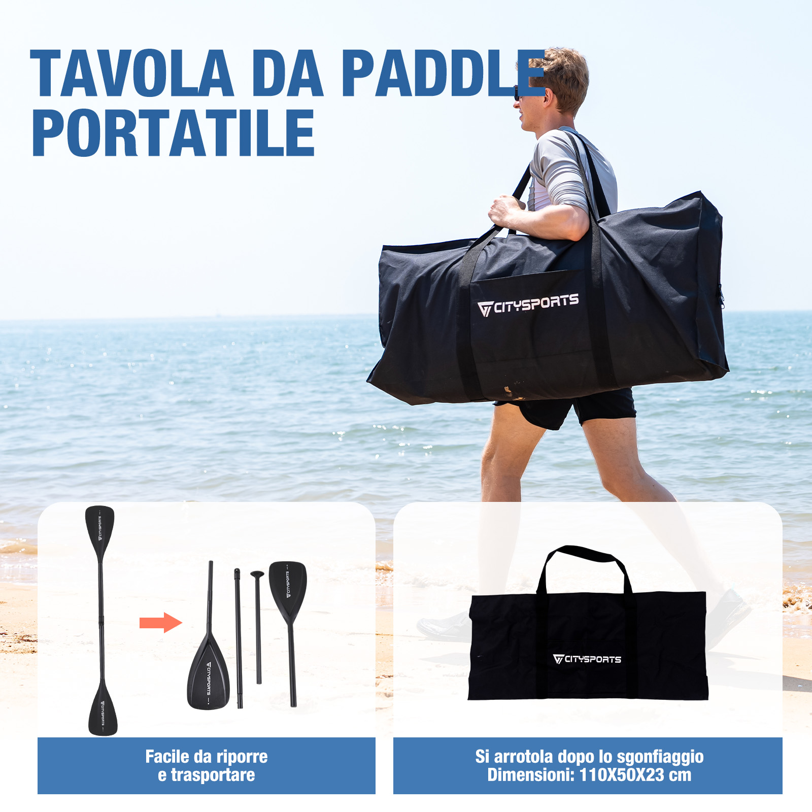 Uomo porta una grande borsa nera con attrezzatura da paddleboard in spiaggia.