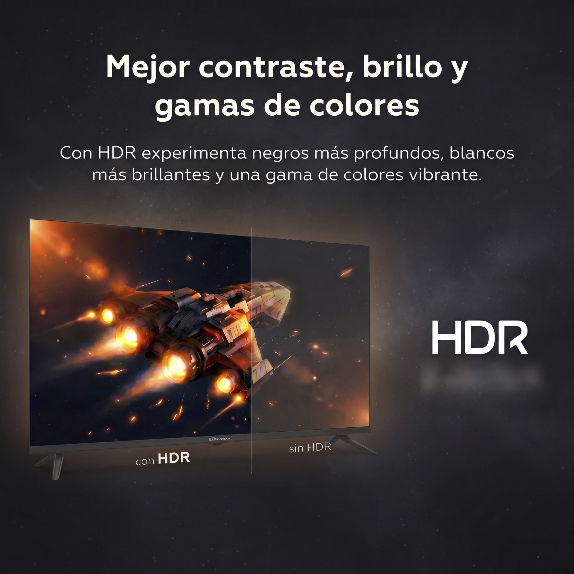 Comparación: HDR vs. sin HDR con escena de nave espacial.