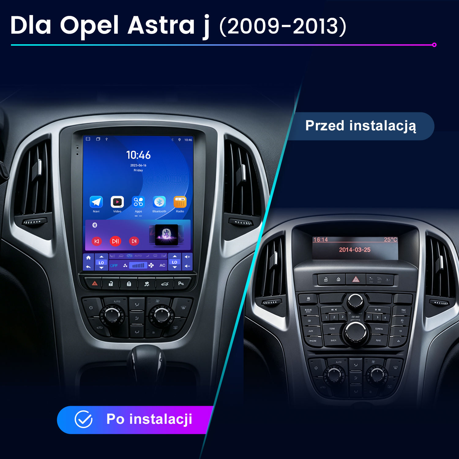 Porównanie deski rozdzielczej Opla Astry J przed i po instalacji nowego systemu infotainment.