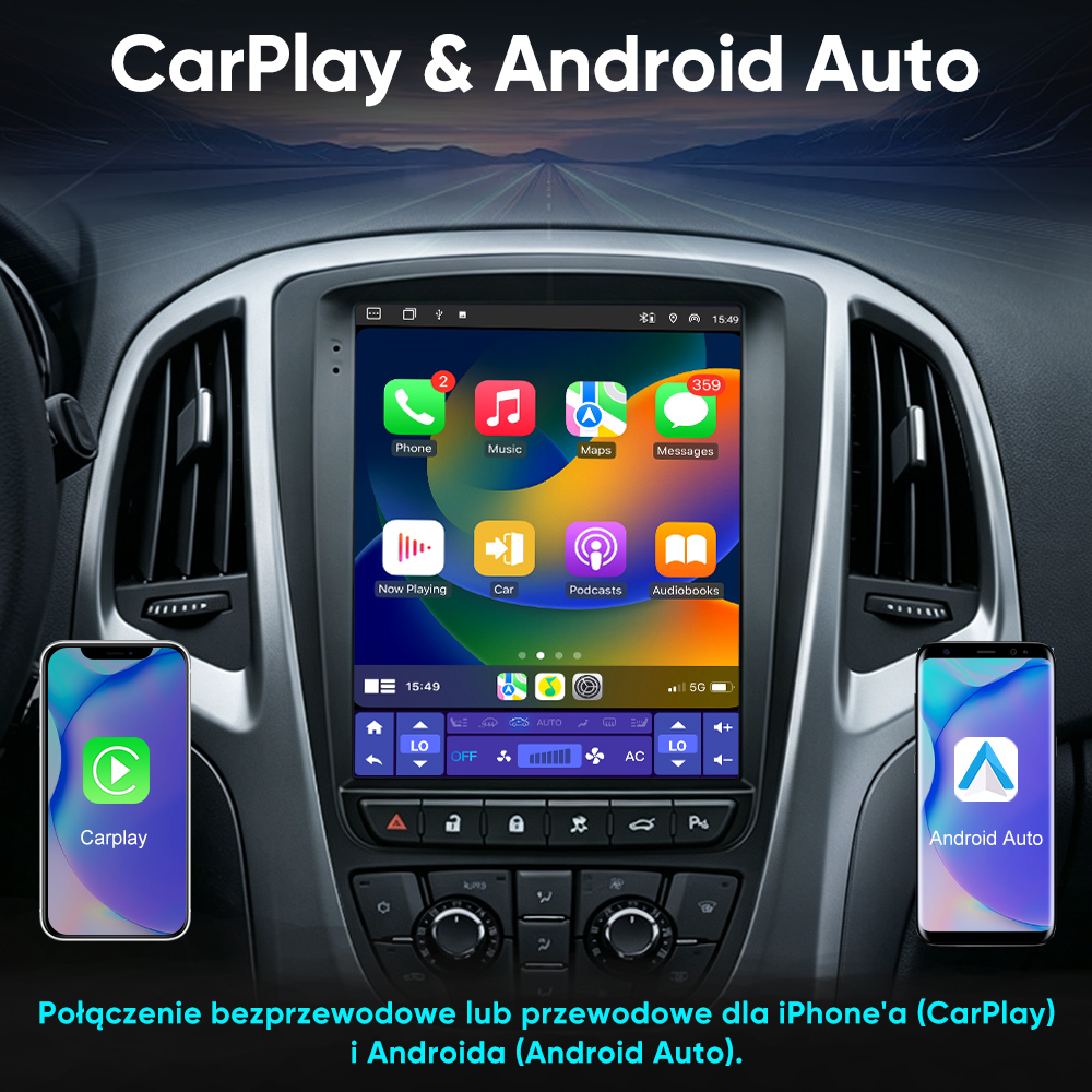 CarPlay i Android Auto wyświetlane na systemie multimedialnym samochodu.